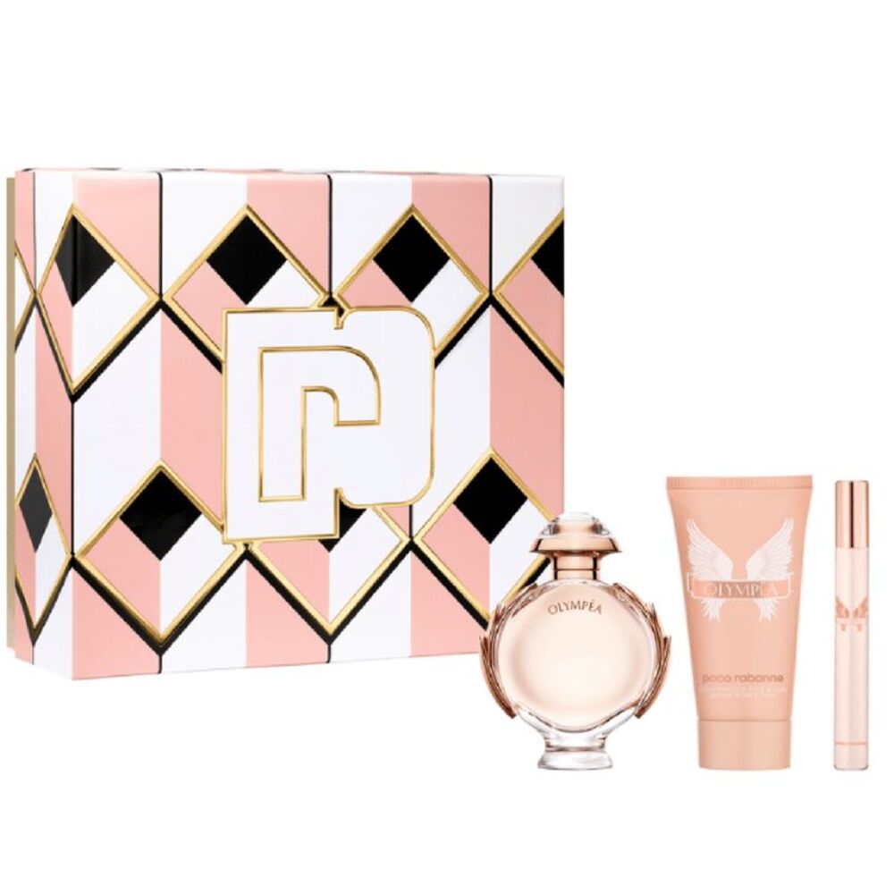 Olympea by Paco Rabanne Womens Gift Set 2.7oz EDP Spray 3.4oz Lotion 0.34oz EDP